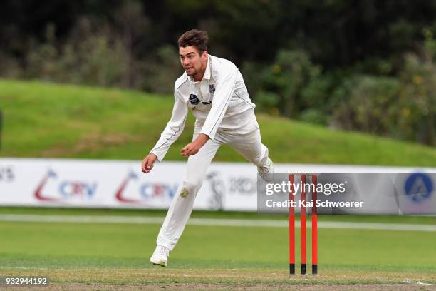 Danru Ferns of the Auckland Aces bowls during the Plunket Shield match between Canterbury and Auckland on March 17, 2018 in Rangiora, New Zealand.