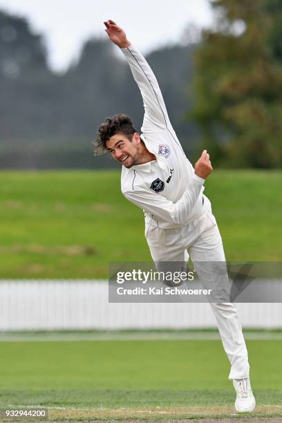 Danru Ferns of the Auckland Aces bowls during the Plunket Shield match between Canterbury and Auckland on March 17, 2018 in Rangiora, New Zealand.