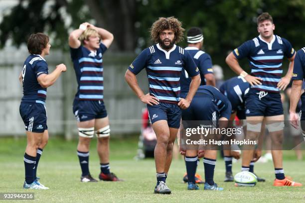 Orbyn Leger of the Blues A Team looks on during the development squad trial match between the Hurricanes and the Blues at Evans Bay Park on March 17,...