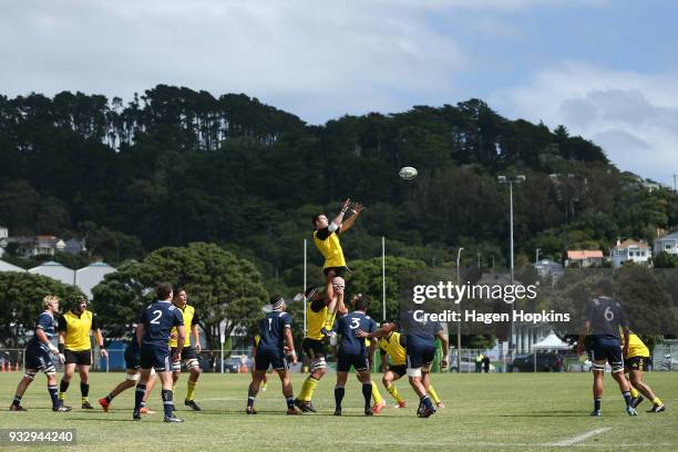 Murray Douglas of the Hurricanes wins a lineout during the development squad trial match between the Hurricanes and the Blues at Evans Bay Park on...