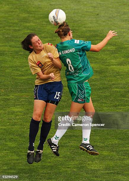 Renee Cartwright of the Jets and Emily Van Egmond of Canberra head the ball during the round eight W-League match between the Newcastle Jets and...