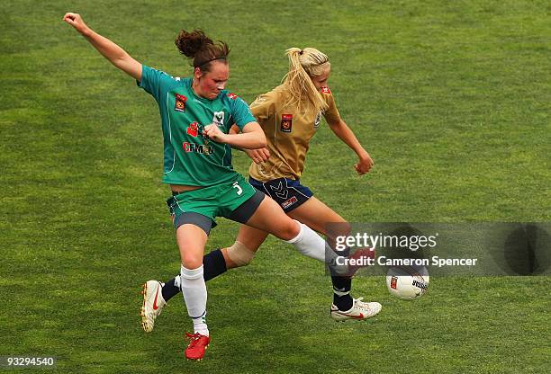 Bronwyn Studman of Canberra and Tara Andrews of the Jets contest the ball during the round eight W-League match between the Newcastle Jets and...