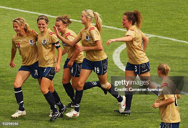 Amber Neilson of the Jets is congratulated by team mates after scoring a goal during the round eight W-League match between the Newcastle Jets and...