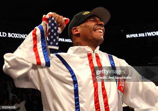 Andre Ward celebrates after defeating Mikkel Kessler of Denmark during their WBA Super Middleweight Championship Bout at the Oakland-Alameda County...