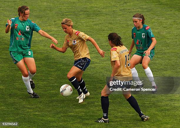 Carlie Ikonomou of the Jets dribbles the ball during the round eight W-League match between the Newcastle Jets and Canberra United at EnergyAustralia...