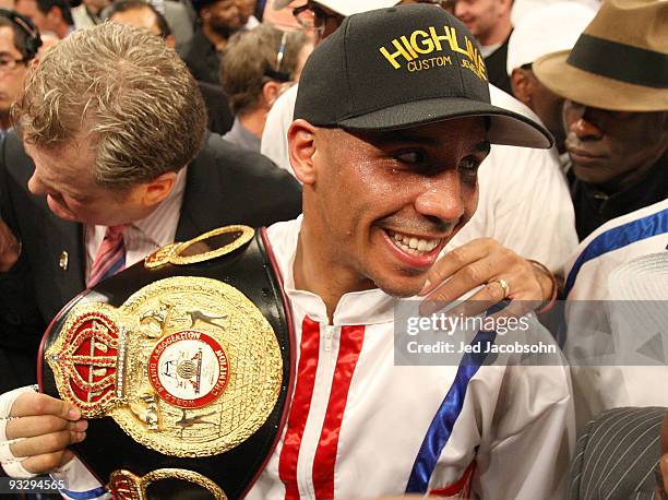 Andre Ward celebrates after defeating Mikkel Kessler of Denmark during their WBA Super Middleweight Championship Bout at the Oakland-Alameda County...