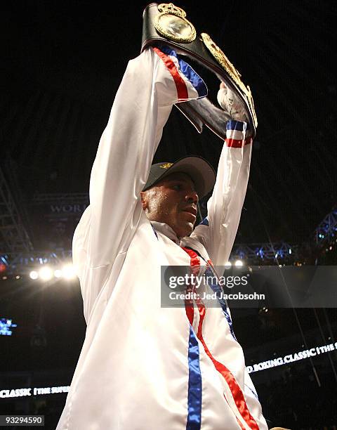 Andre Ward celebrates after defeating Mikkel Kessler of Denmark during their WBA Super Middleweight Championship Bout at the Oakland-Alameda County...