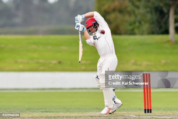 Ken McClure of Canterbury is hit by a ball during the Plunket Shield match between Canterbury and Auckland on March 17, 2018 in Rangiora, New Zealand.