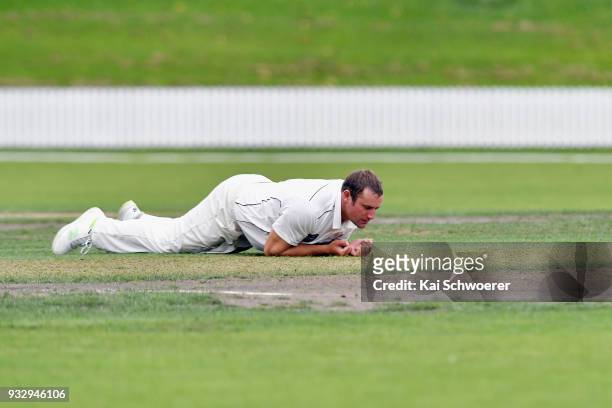 Matt McEwan of the Auckland Aces reacting during the Plunket Shield match between Canterbury and Auckland on March 17, 2018 in Rangiora, New Zealand.