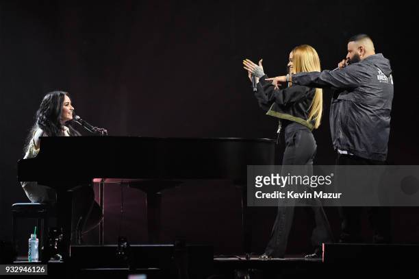 Demi Lovato performs onstage with Kehlani and DJ Khaled during the "Tell Me You Love Me" World Tour at Barclays Center of Brooklyn on March 16, 2018...