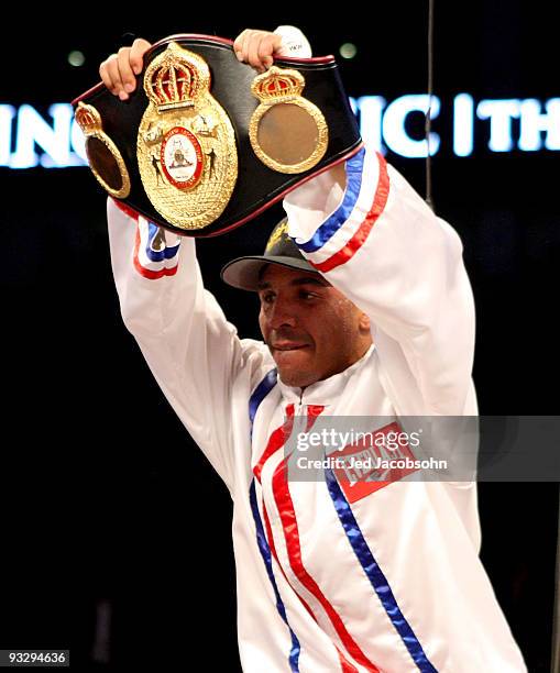 Andre Ward celebrates after defeating Mikkel Kessler of Denmark during their WBA Super Middleweight Championship Bout at the Oakland-Alameda County...