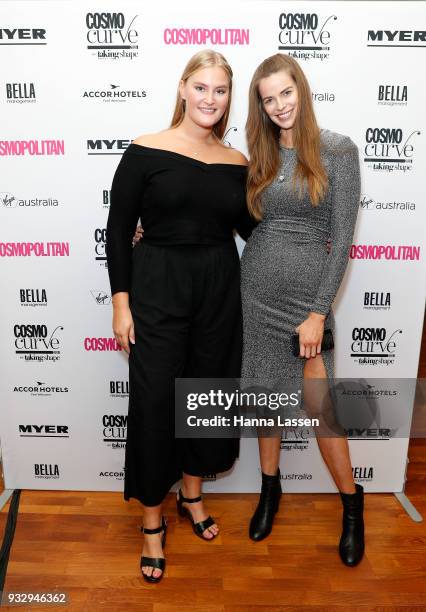 The winner of Cosmo Curve Casting with Robyn Lawley, Sarah Bolt and Robyn Lawley pose at Cosmo Curve on March 17, 2018 in Sydney, Australia.