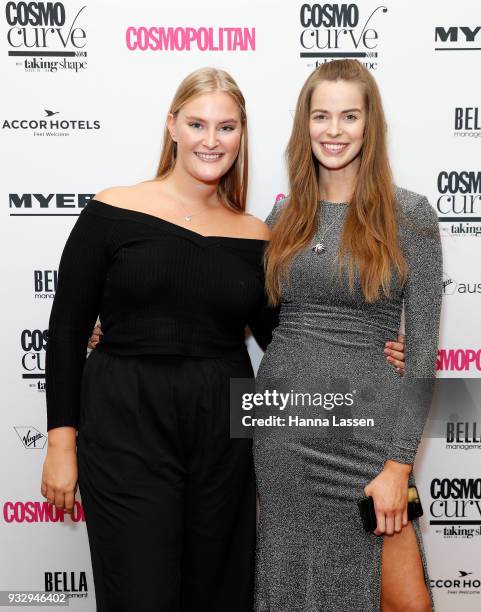 The winner of Cosmo Curve Casting with Robyn Lawley, Sarah Bolt and Robyn Lawley pose at Cosmo Curve on March 17, 2018 in Sydney, Australia.