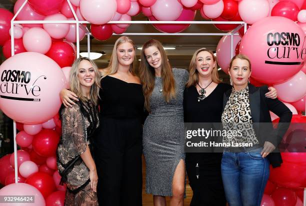 The judging panel, Robyn Lawley, Keshnee Kemp, Chelsea Bonner, Clare Hurley, Thea Laidlaw with the winner, Sarah Bolt pose at the Cosmo Curve on...