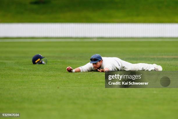 Michael Guptill-Bunce of the Auckland Aces fields the ball during the Plunket Shield match between Canterbury and Auckland on March 17, 2018 in...