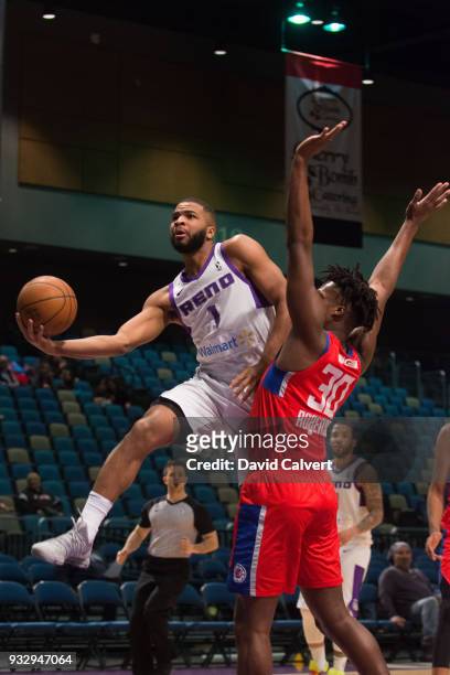 Aaron Harrison of the Reno Bighorns shoots a layup against the Agua Caliente Clippers during an NBA G-League game on March 16, 2018 at the Reno...