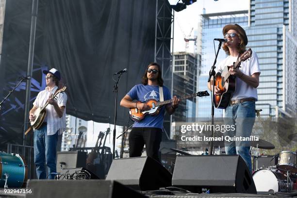 Evan Westfall and Taylor Meier of Caamp perform onstage at Nathaniel Rateliff & The Night Sweats at The SXSW Outdoor Stage presented by MGM Resorts...