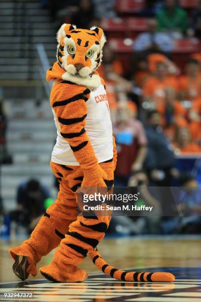 The Tiger, mascot for the Clemson Tigers, performs as they take on the New Mexico State Aggies in the first half in the first round of the 2018 NCAA...