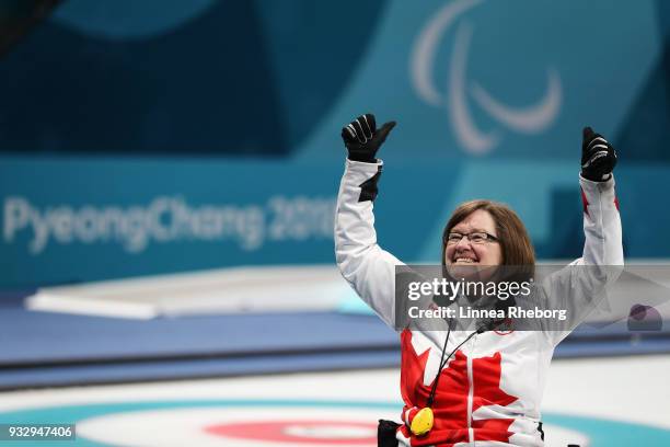 Marie Wright of Canada celebrates after winning the Curling Mixed Bronze Medal match between South Korea and Canada during day eight of the...