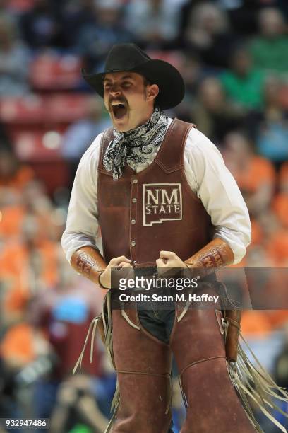 Pistol Pete, the mascot for the New Mexico State Aggies, performs as they take on the Clemson Tigers in the first half in the first round of the 2018...