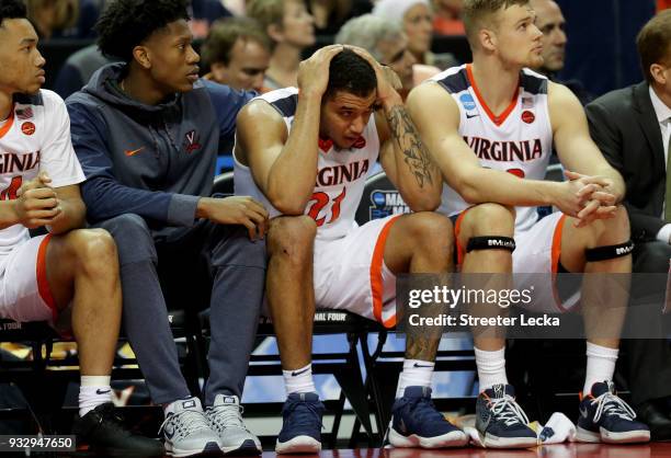 Isaiah Wilkins of the Virginia Cavaliers reacts to their 74-54 loss to the UMBC Retrievers during the first round of the 2018 NCAA Men's Basketball...