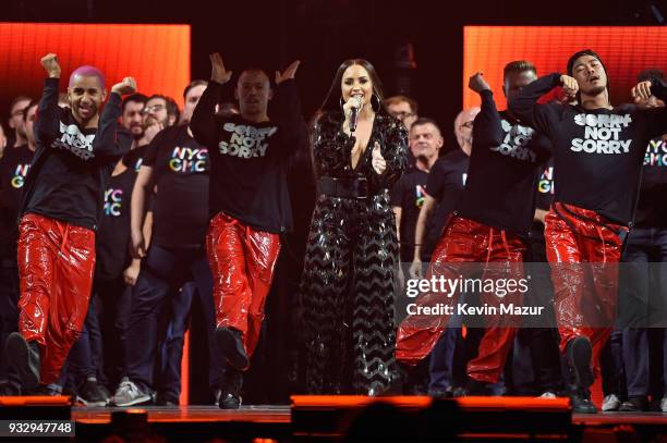 Demi Lovato performs onstage with the New York City Gay Men's Chorus during the "Tell Me You Love Me" World Tour at Barclays Center of Brooklyn on...