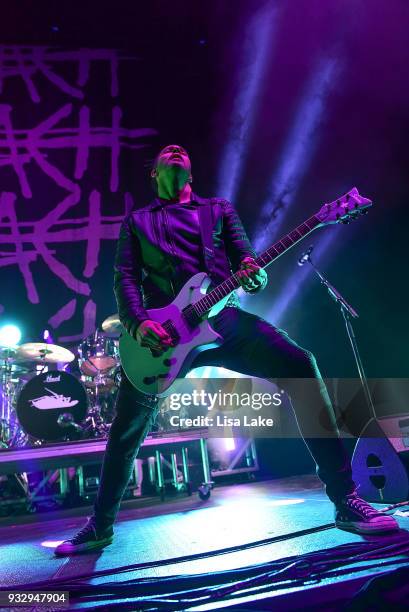 Guitarist Jerry Horton of Papa Roach performs on stage during the 15 Years in the Making tour at at PPL Center on March 16, 2018 in Allentown,...