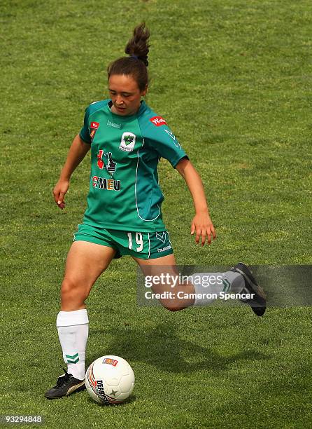 Jennifer Bisset of Canberra kicks the ball during the round eight W-League match between the Newcastle Jets and Canberra United at EnergyAustralia...