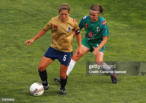 Amber Neilson of the Jets and Kahlia Hogg of Canberra contest the ball during the round eight W-League match between the Newcastle Jets and Canberra...