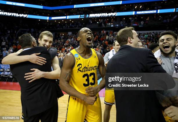 Arkel Lamar of the UMBC Retrievers reacts to their 74-54 victory over the Virginia Cavaliers during the first round of the 2018 NCAA Men's Basketball...