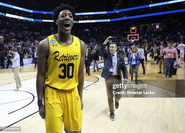Daniel Akin of the UMBC Retrievers reacts to their 74-54 victory over the Virginia Cavaliers during the first round of the 2018 NCAA Men's Basketball...
