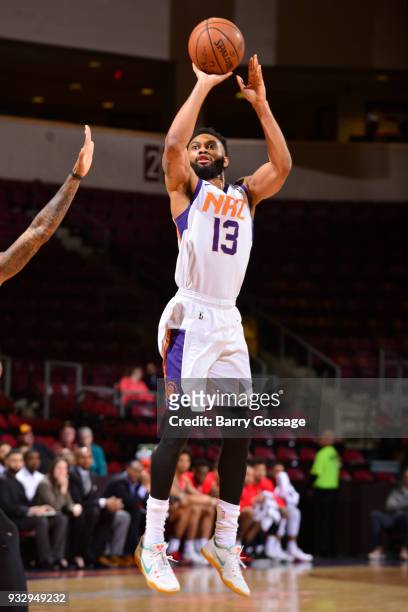 Xavier Silas of the Northern Arizona Suns shoots the ball against Raptors 905 on March 16 at Prescott Valley Event Center in Prescott Valley,...