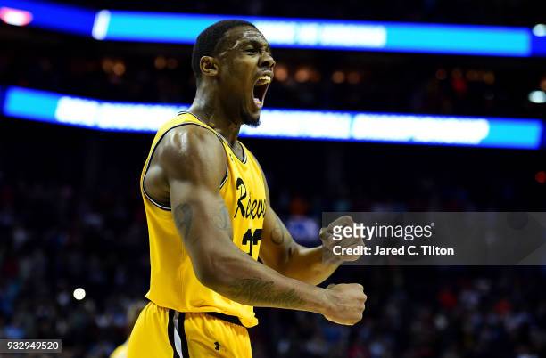 Arkel Lamar of the UMBC Retrievers reacts to their 74-54 victory over the Virginia Cavaliers during the first round of the 2018 NCAA Men's Basketball...