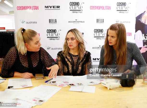 The judging panel, Robyn Lawley, Keshnee Kemp and Chelsea Bonner at the Cosmo Curve casting on March 17, 2018 in Sydney, Australia.