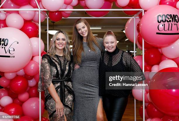 The judging panel, Robyn Lawley, Keshnee Kemp and Chelsea Bonner pose at the Cosmo Curve casting on March 17, 2018 in Sydney, Australia.