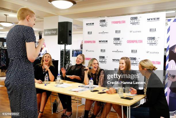 The judging panel, Robyn Lawley, Keshnee Kemp, Chelsea Bonner, Clare Hurley and Thea Laidlaw talk with a model at the Cosmo Curve casting on March...