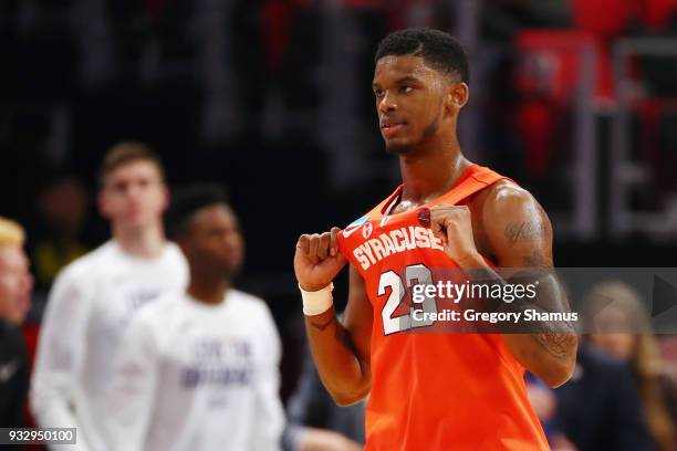 Frank Howard of the Syracuse Orange reacts during the second half against the TCU Horned Frogs in the first round of the 2018 NCAA Men's Basketball...