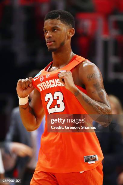 Frank Howard of the Syracuse Orange reacts during the second half against the TCU Horned Frogs in the first round of the 2018 NCAA Men's Basketball...