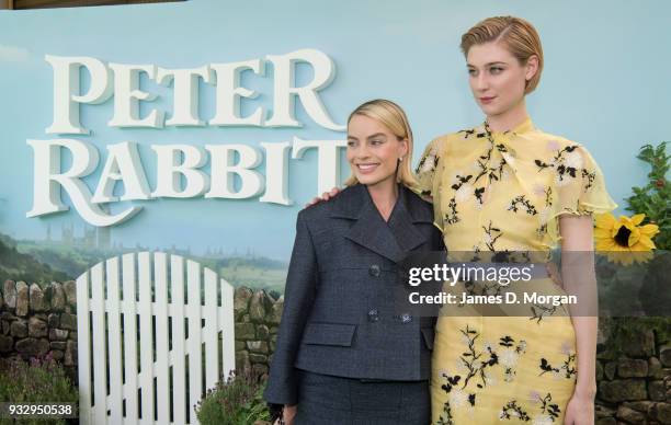 Actresses Margot Robbie and Elizabeth Debicki attend the Peter Rabbit Australian Premiere on March 17, 2018 in Sydney, Australia.