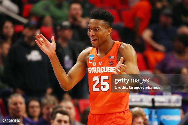 Tyus Battle of the Syracuse Orange reacts during the second half against the TCU Horned Frogs in the first round of the 2018 NCAA Men's Basketball...