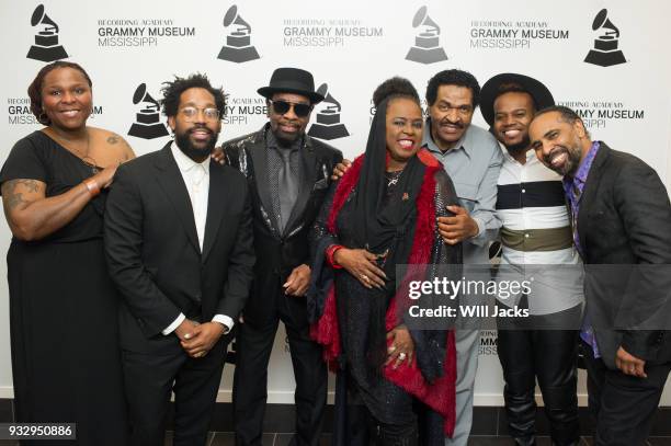 Pat Mitchell Worley, PJ Morton, William Bell, Betty Wright, Bobby Rush, Travis Greene, and Boo Mitchell pose backstage at GRAMMY Museum Mississippi...