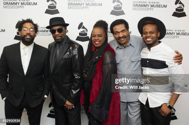 Morton, William Bell, Betty Wright, Bobby Rush, and Travis Greene pose backstage at GRAMMY Museum Mississippi on March 16, 2018 in Cleveland,...