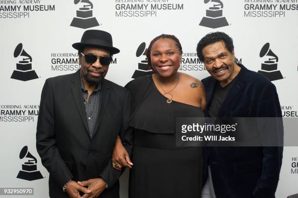 Pat Mitchell Worley poses with William Bell and Bobby Rush at GRAMMY Museum Mississippi on March 16, 2018 in Cleveland, Mississippi.
