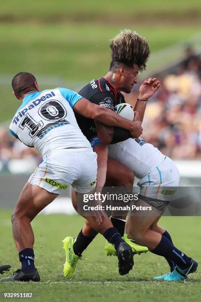 James Gavet of the Warriors charges forward during the round two NRL match between the New Zealand Warriors and the Gold Coast Titans at Mt Smart...