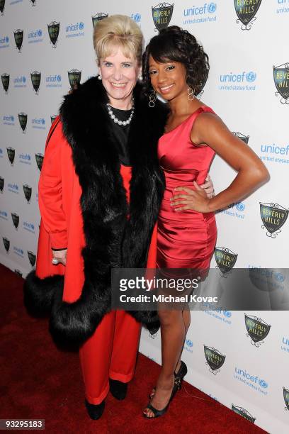 Beverly Hills Mayor Nancy Krasne and actress Monique Coleman attend the 2009 UNICEF Snowflake Lighting on November 21, 2009 in Beverly Hills,...