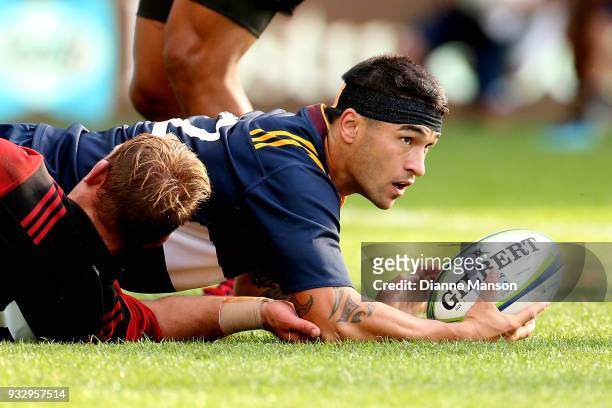 Terence Hepetema of the Highlanders Bravehearts scores a try during the match between Crusaders Knights and Highlanders Bravehearts at Forsyth Barr...