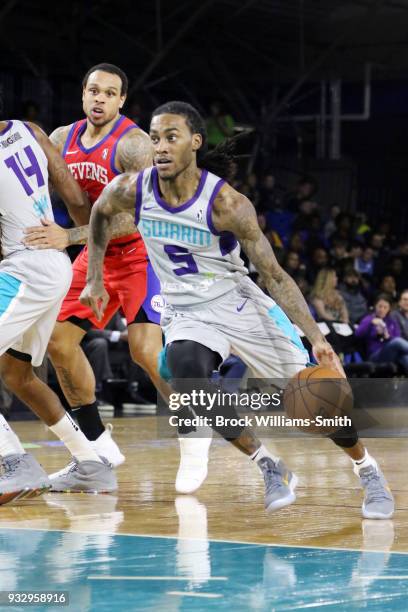 Cat Barber of the Greensboro Swarm handles the ball during the game against the Delaware 87ers on March 16, 2018 at Greensboro Coliseum in...