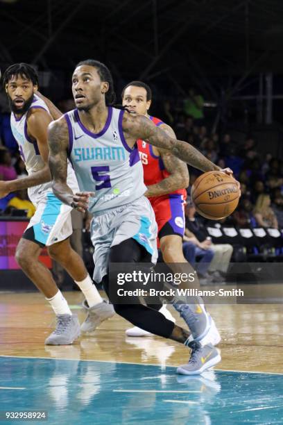 Cat Barber of the Greensboro Swarm handles the ball during the game against the Delaware 87ers on March 16, 2018 at Greensboro Coliseum in...