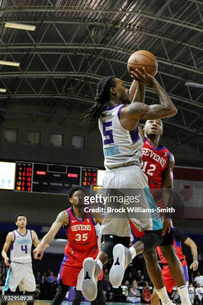 Cat Barber of the Greensboro Swarm shoots the ball during the game against the Delaware 87ers on March 16, 2018 at Greensboro Coliseum in Greensboro,...