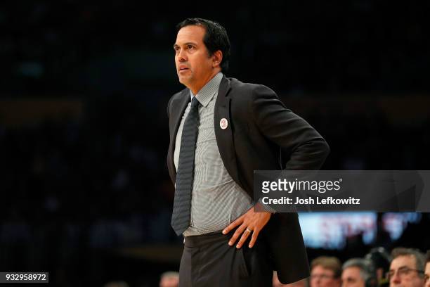 Head Coach Erik Spoelstra of the Miami Heat during the game against the Los Angeles Lakers at Staples Center on March 16, 2018 in Los Angeles,...